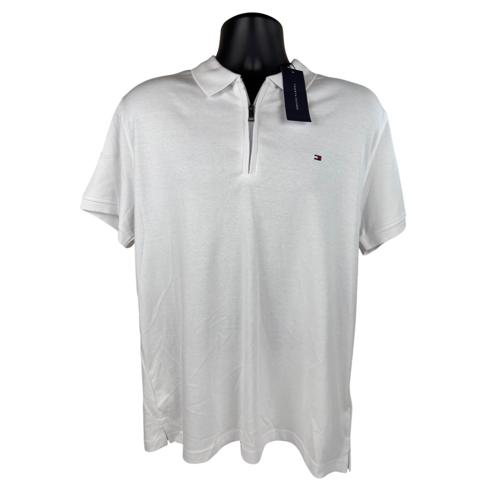 Tommy Hilfiger Mens Large White 1/4 Zip Short Sleeve Cotton Polo Shirt XM05208